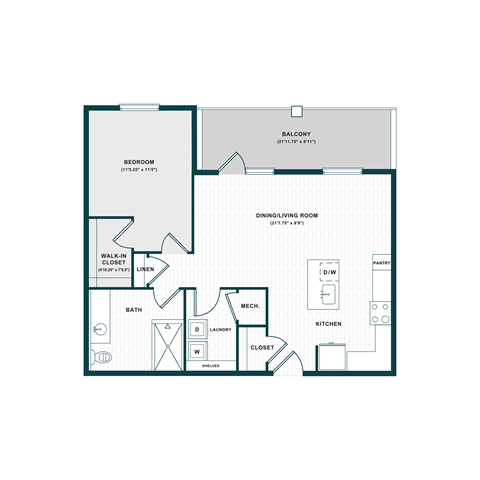 Floor plan for 1 bed, 1 bath, 871 sqft